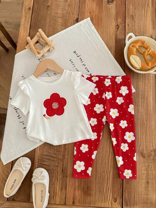 طقم للبنات الرضع: ملابس علوية كروشيه بأكمام قصيرة وبنطلون بطباعة زهرية، مناسب للربيع والصيف