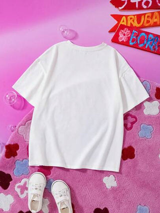 ملابس بناتي X Care Bears تي شيرت كاجوال قصير الأكمام أبيض مطبوع بنمط الدببة الملون وجذاب للبنات صغيرات السن