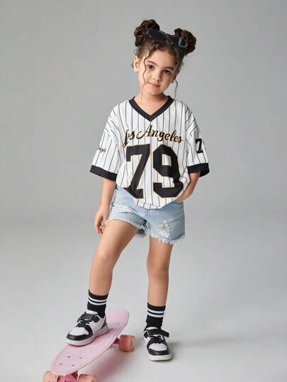 تيشيرتات بناتي Streecool Kids فتيات (مقاس صغير) تي شيرت كاجوال بأكمام قصيرة مطبوع عليه حرف ورقم، منقوشة بألوان سادة معرضة