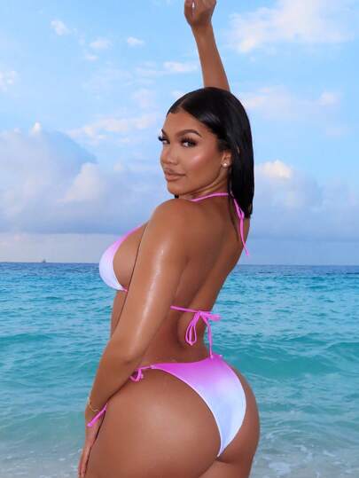 Swim SXY مجموعة بكيني نسائية عصرية بنقشة أومبير ثلاثية الأبعاد مع زهور وحمالة خلفية مفتوحة وسروال متعلق السفلي ، مناسبة للشاطئ والعطلات الصيفية