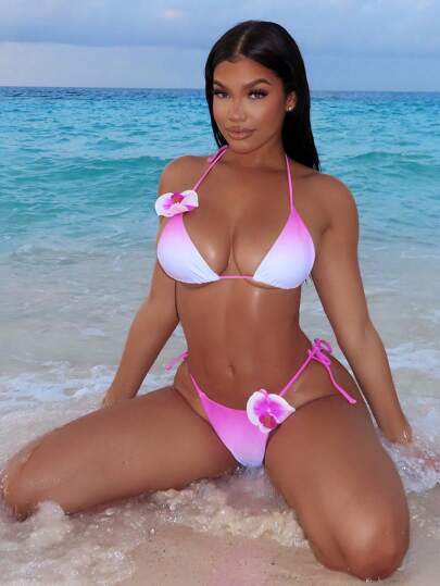 Swim SXY مجموعة بكيني نسائية عصرية بنقشة أومبير ثلاثية الأبعاد مع زهور وحمالة خلفية مفتوحة وسروال متعلق السفلي ، مناسبة للشاطئ والعطلات الصيفية