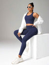 SHEIN Sport Studio طقم ملابس داخلية رياضية متماسكة من سترة كامي وسروال ضيق بلون واحد
