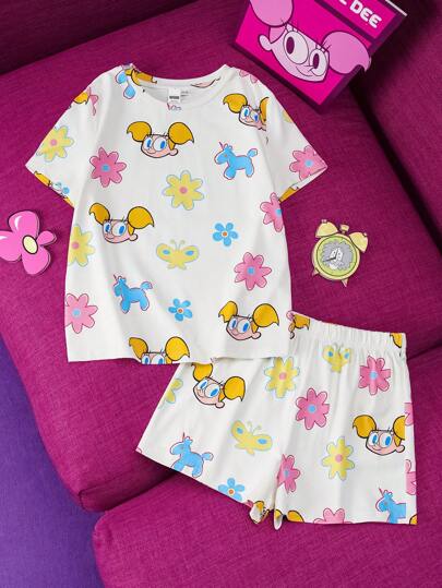 Dexter's Laboratory X SHEIN ملابس علوية وشورت لفتاة صغيرة بطراز كاجوال جميل ذات طباعة كرتونية وطراز الأزهار، مناسب للربيع والصيف