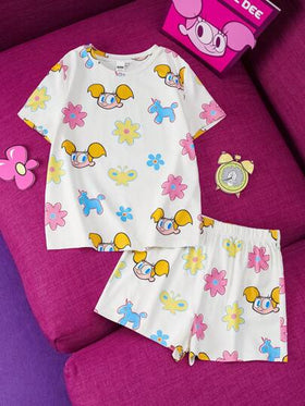 Dexter's Laboratory X SHEIN ملابس علوية وشورت لفتاة صغيرة بطراز كاجوال جميل ذات طباعة كرتونية وطراز الأزهار، مناسب للربيع والصيف