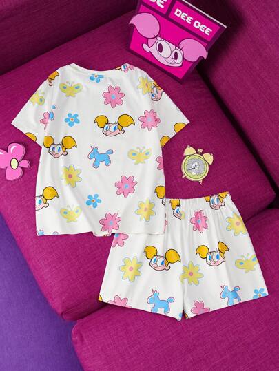 Dexter's Laboratory X SHEIN ملابس علوية وشورت لفتاة صغيرة بطراز كاجوال جميل ذات طباعة كرتونية وطراز الأزهار، مناسب للربيع والصيف