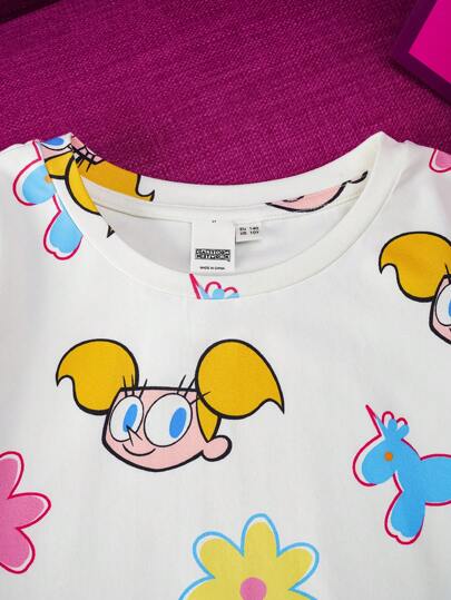 Dexter's Laboratory X SHEIN ملابس علوية وشورت لفتاة صغيرة بطراز كاجوال جميل ذات طباعة كرتونية وطراز الأزهار، مناسب للربيع والصيف