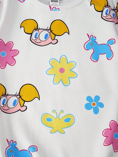 Dexter's Laboratory X SHEIN ملابس علوية وشورت لفتاة صغيرة بطراز كاجوال جميل ذات طباعة كرتونية وطراز الأزهار، مناسب للربيع والصيف