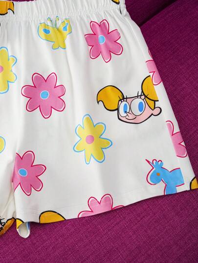 Dexter's Laboratory X SHEIN ملابس علوية وشورت لفتاة صغيرة بطراز كاجوال جميل ذات طباعة كرتونية وطراز الأزهار، مناسب للربيع والصيف