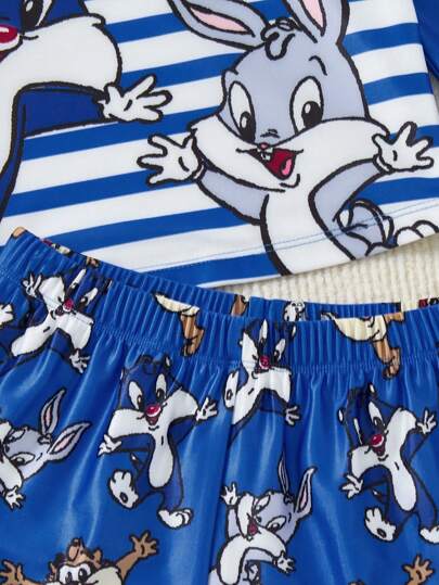 مايوه أولادي LOONEY TUNES X  مجموعة ملابس السباحة المطبوعة برسوم الفتى الكرتونية ذات التصميم المخطط باللون الأزرق الممتع