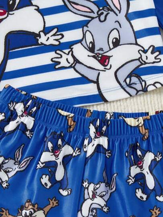مايوه أولادي LOONEY TUNES X  مجموعة ملابس السباحة المطبوعة برسوم الفتى الكرتونية ذات التصميم المخطط باللون الأزرق الممتع