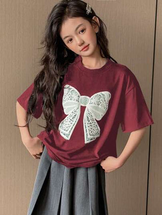 تيشيرتات بناتي Dazy Kids تي شيرت تي شيرت صيفي أو ربيعي للفتيات المراهقات ذو رقبة دائرية محبوك بأكمام قصيرة مطبوع عليه ربطة فراشة و نقشات زهور