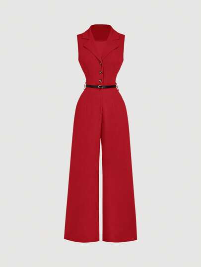 SHEIN MOD جمبسوت قديمة حمراء مع طوق بدلة وحزام, جمبسوت أنيقة, جمبسوت خروج, جمبسوت غربية, ملابس عطلة