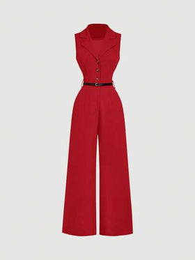 SHEIN MOD جمبسوت قديمة حمراء مع طوق بدلة وحزام, جمبسوت أنيقة, جمبسوت خروج, جمبسوت غربية, ملابس عطلة