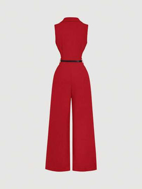 SHEIN MOD جمبسوت قديمة حمراء مع طوق بدلة وحزام, جمبسوت أنيقة, جمبسوت خروج, جمبسوت غربية, ملابس عطلة