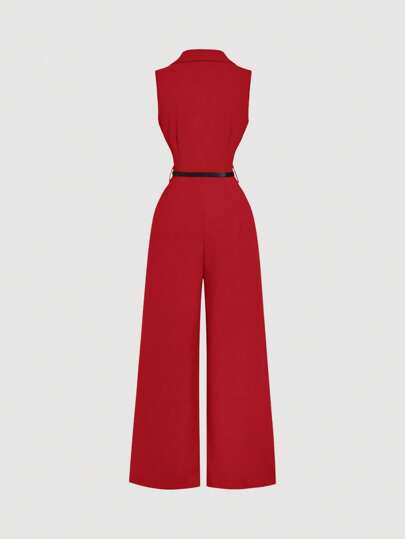 SHEIN MOD جمبسوت قديمة حمراء مع طوق بدلة وحزام, جمبسوت أنيقة, جمبسوت خروج, جمبسوت غربية, ملابس عطلة