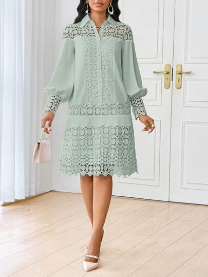 SHEIN Lady فستان قميص العمل الأنيق الأبيض المطرز بالتطريز المتباين للربيع والصيف، فستان توني متوسط الطول للسيدات