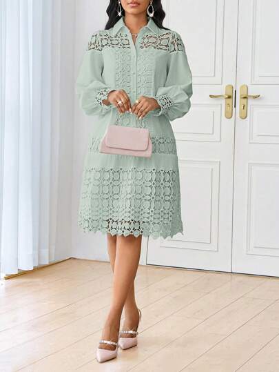 SHEIN Lady فستان قميص العمل الأنيق الأبيض المطرز بالتطريز المتباين للربيع والصيف، فستان توني متوسط الطول للسيدات