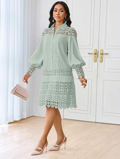 SHEIN Lady فستان قميص العمل الأنيق الأبيض المطرز بالتطريز المتباين للربيع والصيف، فستان توني متوسط الطول للسيدات