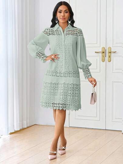SHEIN Lady فستان قميص العمل الأنيق الأبيض المطرز بالتطريز المتباين للربيع والصيف، فستان توني متوسط الطول للسيدات