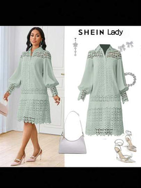 SHEIN Lady فستان قميص العمل الأنيق الأبيض المطرز بالتطريز المتباين للربيع والصيف، فستان توني متوسط الطول للسيدات