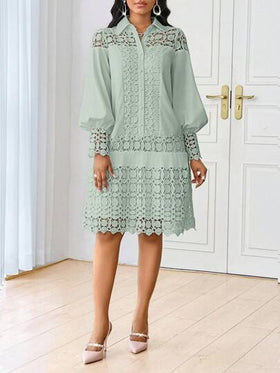 SHEIN Lady فستان قميص العمل الأنيق الأبيض المطرز بالتطريز المتباين للربيع والصيف، فستان توني متوسط الطول للسيدات