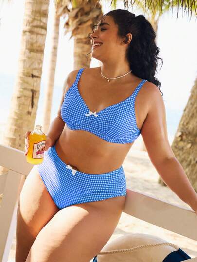 طقم تانكيني حريمي Swim Mod ملابس سباحة للمرأة كبيرة الحجم، طقم من قطعتين، بيكيني بكشكشة علوي وشريطي وسلك داعم، بطباعة قصبة حمراء كلاسيكية
