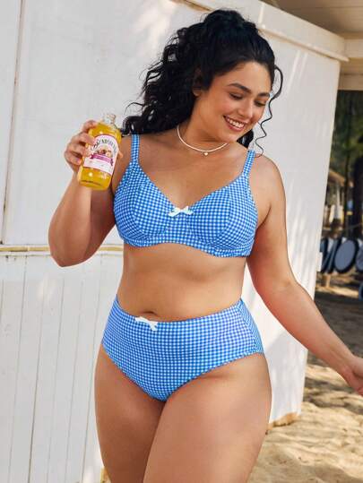 طقم تانكيني حريمي Swim Mod ملابس سباحة للمرأة كبيرة الحجم، طقم من قطعتين، بيكيني بكشكشة علوي وشريطي وسلك داعم، بطباعة قصبة حمراء كلاسيكية