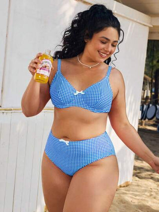 طقم تانكيني حريمي Swim Mod ملابس سباحة للمرأة كبيرة الحجم، طقم من قطعتين، بيكيني بكشكشة علوي وشريطي وسلك داعم، بطباعة قصبة حمراء كلاسيكية