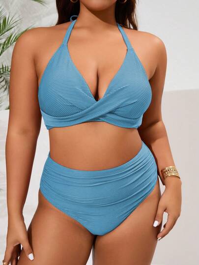 Swim Basics مجموعة ملابس سباحة للنساء كبيرة الحجم، بيكيني بصدرية مربوطة بشريط، لأوقات الاسترخاء والعطلات
