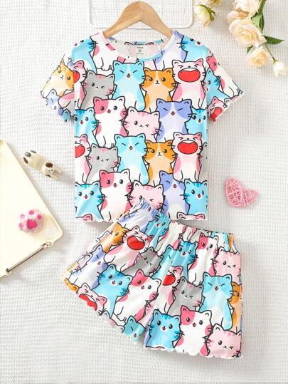 بيجاما مجموعة من فتاة مراهقة تتكون من 2 قطعة تي شيرت كنزة بأكمام قصيرة وياقة مستديرة مطبوع + شورت, ملابس منزلية كاجوال