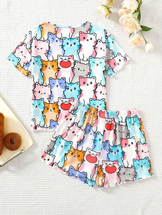 بيجاما مجموعة من فتاة مراهقة تتكون من 2 قطعة تي شيرت كنزة بأكمام قصيرة وياقة مستديرة مطبوع + شورت, ملابس منزلية كاجوال