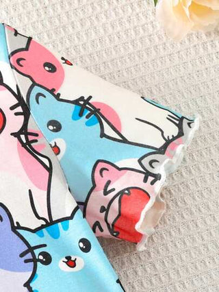 بيجاما مجموعة من فتاة مراهقة تتكون من 2 قطعة تي شيرت كنزة بأكمام قصيرة وياقة مستديرة مطبوع + شورت, ملابس منزلية كاجوال