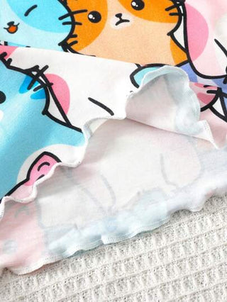 بيجاما مجموعة من فتاة مراهقة تتكون من 2 قطعة تي شيرت كنزة بأكمام قصيرة وياقة مستديرة مطبوع + شورت, ملابس منزلية كاجوال