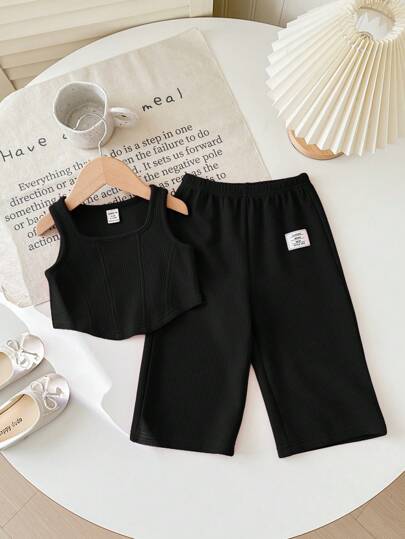 SHEIN طقم مكون من ملابس علوية كروشيه قصير بلا أكمام وبنطال ذو خصر مطاطي، لون وردي، لطفلة صيفي