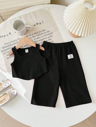 SHEIN طقم مكون من ملابس علوية كروشيه قصير بلا أكمام وبنطال ذو خصر مطاطي، لون وردي، لطفلة صيفي