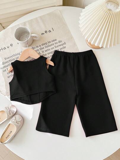 SHEIN طقم مكون من ملابس علوية كروشيه قصير بلا أكمام وبنطال ذو خصر مطاطي، لون وردي، لطفلة صيفي