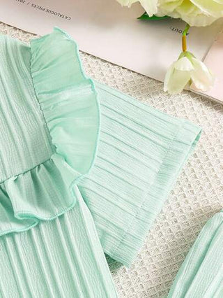girls-sets طقم أنيق من بلوزة مكشكشة أنيقة وبنطال ذو ساق واسعة ، قماش ذو ملمس ، فضفاض المقاس