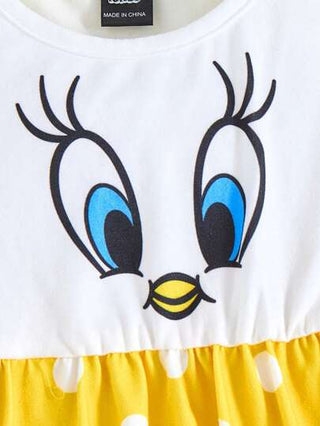 فساتين بيبي LOONEY TUNES X  فستان كاجوال لطيف وحلو للأطفال البنات بنمط قصاصات كرتونية صغيرة على خلفية صفراء ونقاط مطبوعة وعقدة، مناسب للربيع والصيف
