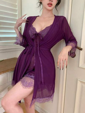 DAZY مجموعة بيجامة نسائية ربيعية مثيرة من الشبك والدانتيل المتباين رمضان