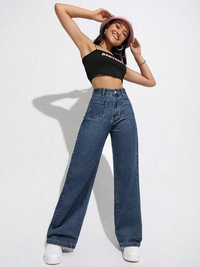 SHEIN PETITE بنطلون جينز مستقيم الساق عالي الخصر مغسول بشكل عادي