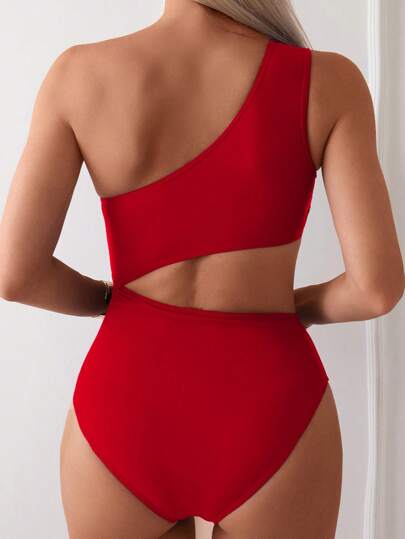 SHEIN Swim قطعة واحدة من ملابس السباحة للنساء بلون واحد مجوف وملتوي