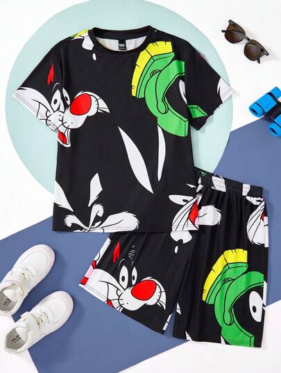 ملابس رياضية أطفال LOONEY TUNES X  مجموعتان من تي شيرت كم قصير وشورت رياضي كاجوال للأولاد المراهقين بطبعات حيوانية كرتونية، مناسبة للربيع والصيف