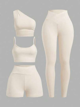 SHEIN EZwear 3قطع/مجموعة للنساء تتكون من ملابس علوية بلا أكمام وشورت وكميسول ، بلون المشمش، ملابس خارجية