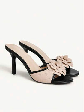 SHEIN X Belle Mariano CUCCOO CHICEST نعال صنادل فستان جلد اصطناعي بكعب رفيع وتصميم رومانسي أنيق كلاسيكي بلونين أسود وبيج، مناسبة لشرب الشاي بالظهيرة والتنزه والحفلات والرحلات العطلات والموائد الكريمة