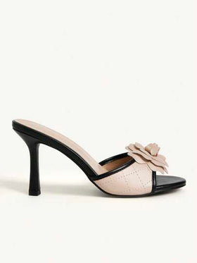 SHEIN X Belle Mariano CUCCOO CHICEST نعال صنادل فستان جلد اصطناعي بكعب رفيع وتصميم رومانسي أنيق كلاسيكي بلونين أسود وبيج، مناسبة لشرب الشاي بالظهيرة والتنزه والحفلات والرحلات العطلات والموائد الكريمة