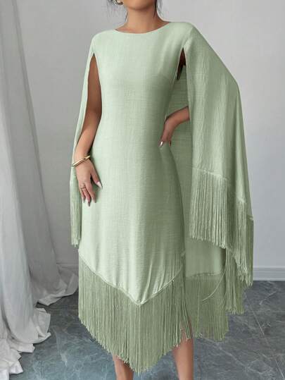 فساتين حريمي Elenzga فستان نسائي أنيق بتصميم خيط للصيف، لأنشطة الهواء الطلق، العطلات، مهرجان الموسيقى، حفلات الزفاف، رمضان، من قماش مضفر بلون الخاكي بياقة مستديرة وأكمام رأسية، بتصميم لاصق مرقع مزخرف بشراريب، قصة A-خط متوسطة الطول غير متماثلة
