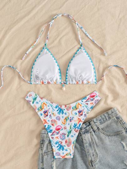 Swim Mod ملابس عطلة الشاطئ للنساء، مجموعة مكونة من 2 قطعة - ملابس علوية محصول مطبوع بشكل عشوائي بالأصداف وسراويل بيكيني ذات قطع عالي، ملابس سباحة للعطلة الصيفية