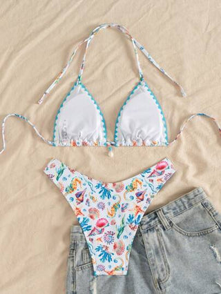Swim Mod ملابس عطلة الشاطئ للنساء، مجموعة مكونة من 2 قطعة - ملابس علوية محصول مطبوع بشكل عشوائي بالأصداف وسراويل بيكيني ذات قطع عالي، ملابس سباحة للعطلة الصيفية