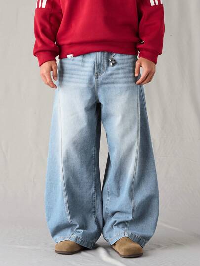 Manfinity Denimwave جينز رجالي فضفاض بقصة برميل أزرق متوسط مغسول، جينز رجالي فضفاض، جينز يونيسكس مغسول بنمط القمر مشوه