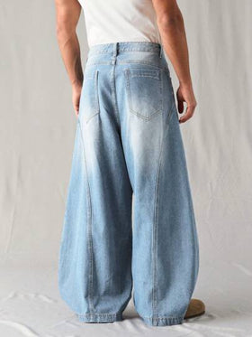 Manfinity Denimwave جينز رجالي فضفاض بقصة برميل أزرق متوسط مغسول، جينز رجالي فضفاض، جينز يونيسكس مغسول بنمط القمر مشوه